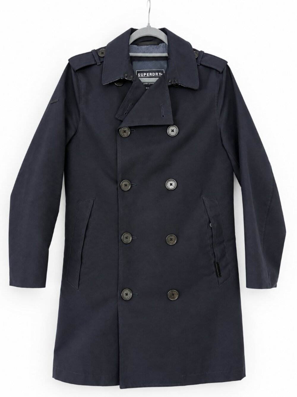 Superdry Rogue Mac Navy Double Breasted Trench Coat Size S